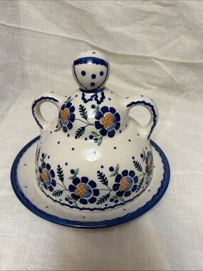 Polish Hand-Painted Blue Floral Pancake Dish with Lid